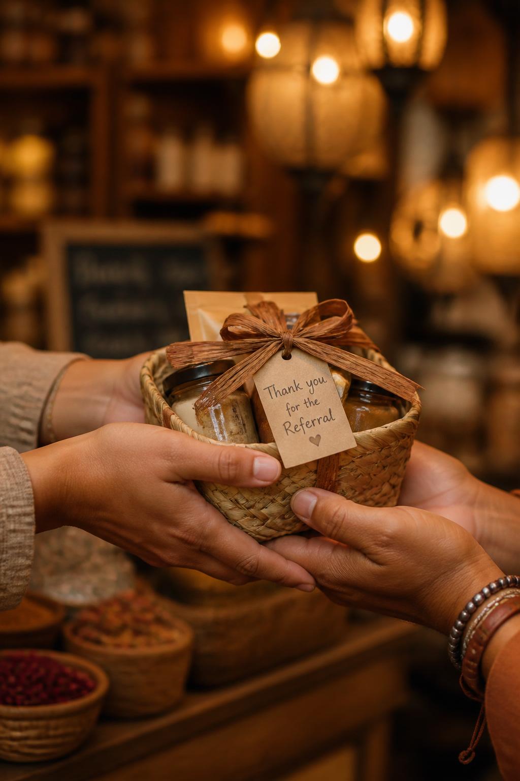 Hands exchanging a small woven basket as a thank-you for a referral