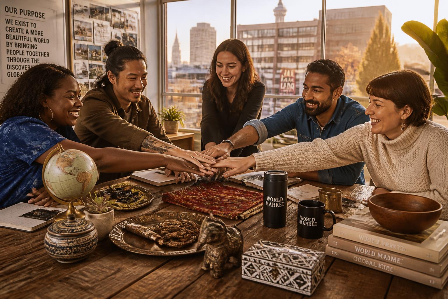 World Market team members collaborating around a table of global product samples